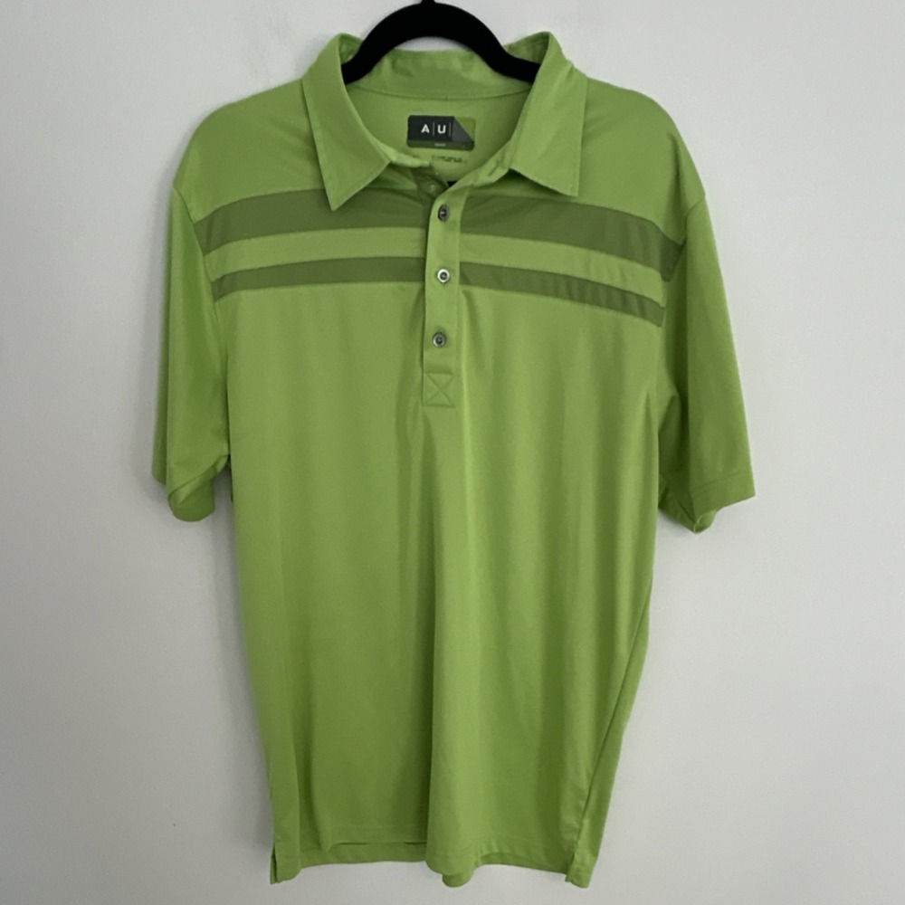 AUR Men's L‎ Aware Striped Polo Shirt Green Short Sleeve Collared Button Golf